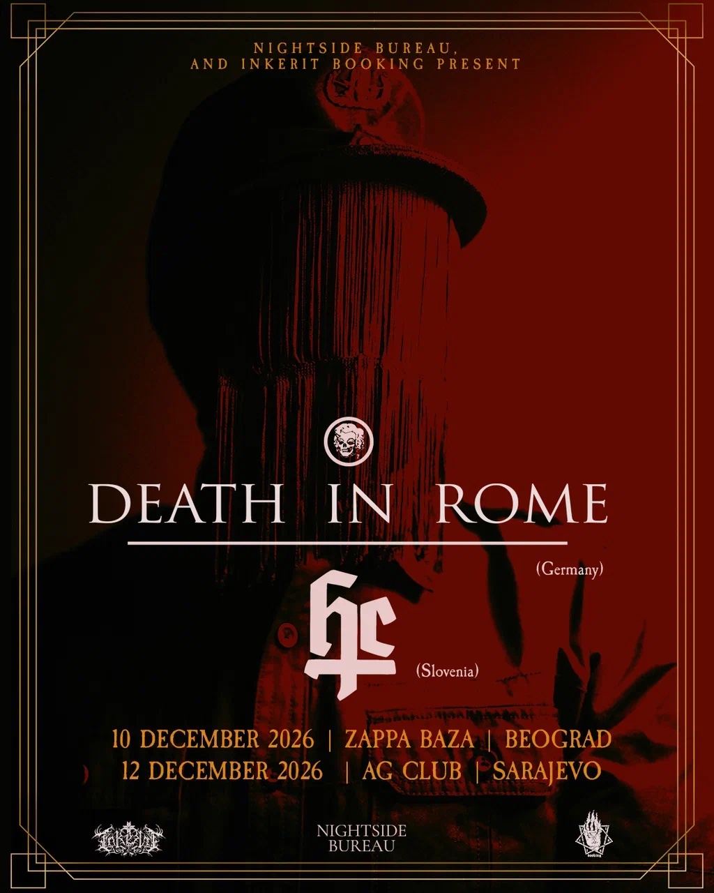 Plakat Death in Rome: figura u šapki sa resastim velom preko lica, na tamnocrvenoj pozadini; predgrupa Herr Lounge Corps; 10. decembar 2026, Zappa Baza, Beograd; 12. decembar 2026, AG Club, Sarajevo